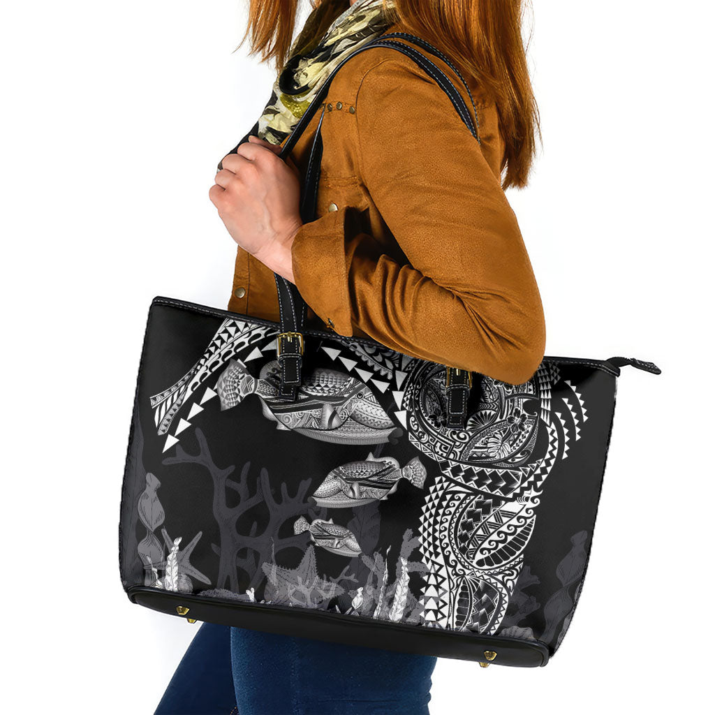 Hawaiian Reef Triggerfish Leather Tote Bag Polynesian Art with Tribal Humuhumunukunukuapua'a LT03 Black - Polynesian Pride