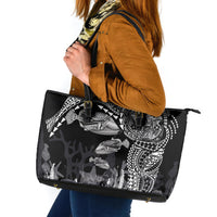 Hawaiian Reef Triggerfish Leather Tote Bag Polynesian Art with Tribal Humuhumunukunukuapua'a LT03 Black - Polynesian Pride
