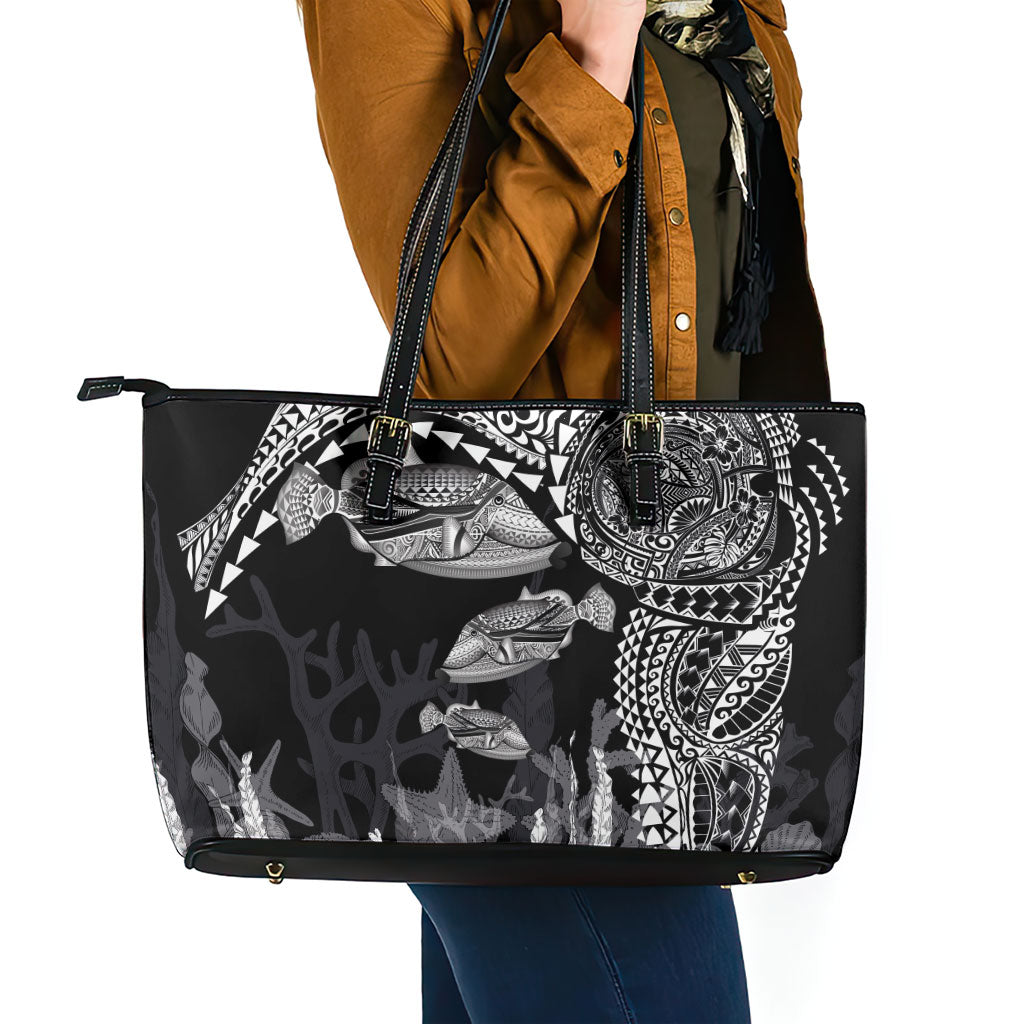 Hawaiian Reef Triggerfish Leather Tote Bag Polynesian Art with Tribal Humuhumunukunukuapua'a LT03 - Polynesian Pride