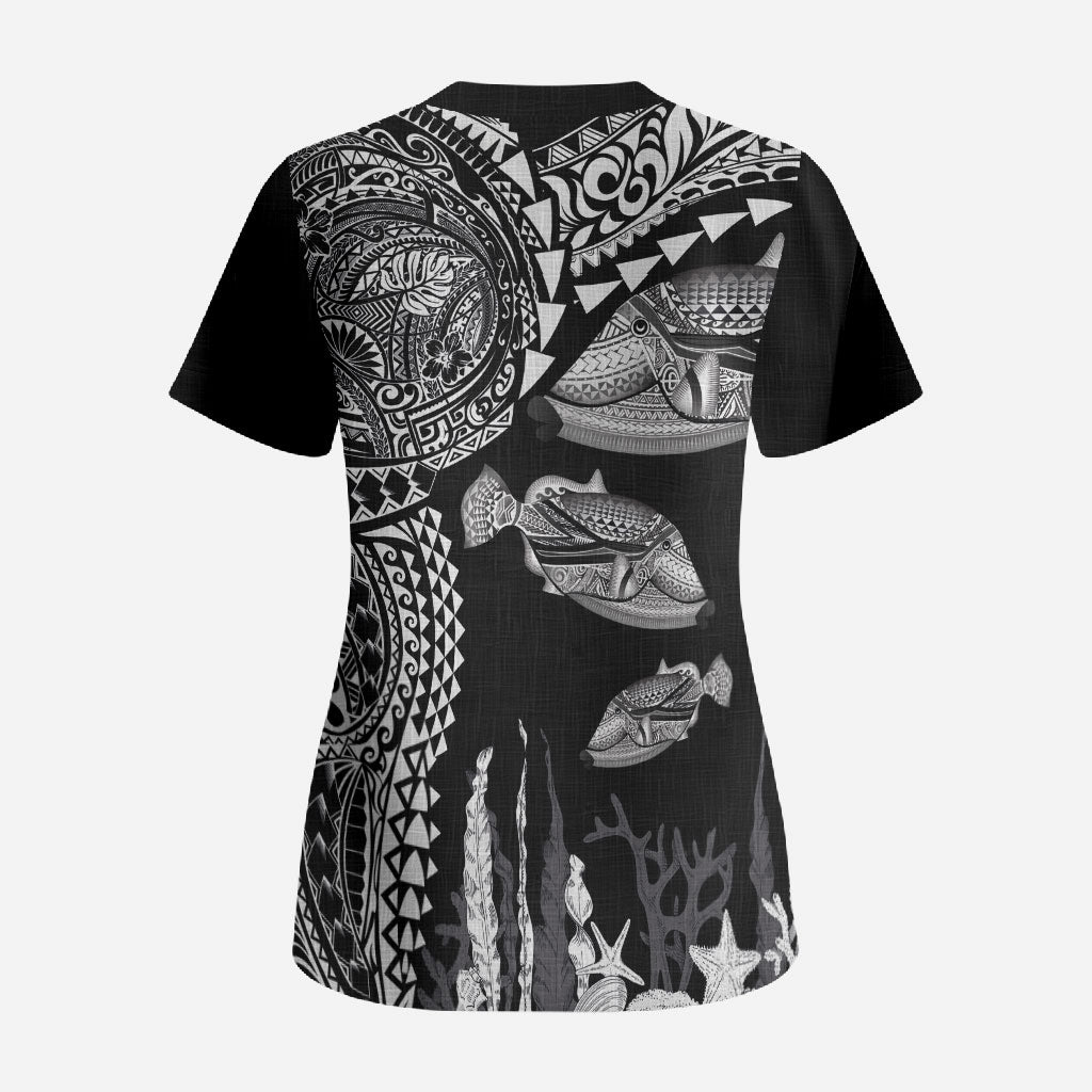 Hawaiian Reef Triggerfish Scrub Top Polynesian Art with Tribal Humuhumunukunukuapua'a LT03 - Polynesian Pride