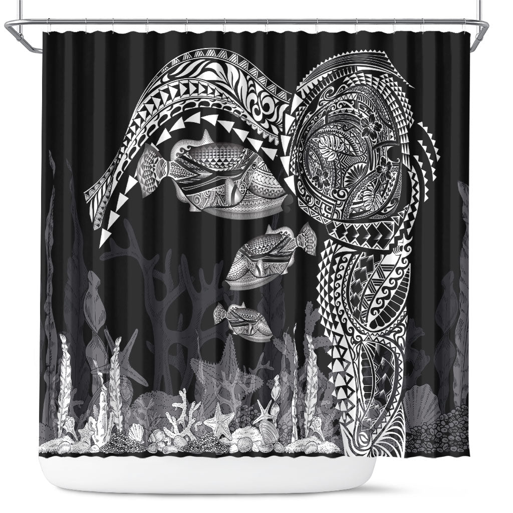 Hawaiian Reef Triggerfish Shower Curtain Polynesian Art with Tribal Humuhumunukunukuapua'a LT03 Black - Polynesian Pride