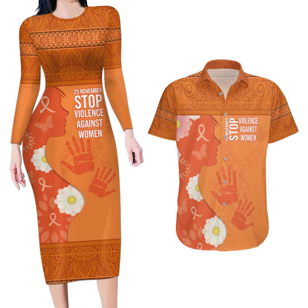 International Day for the Elimination of Violence Against Women Couples Matching Long Sleeve Bodycon Dress and Hawaiian Shirt Polynesian Pattern LT03 Orange - Polynesian Pride