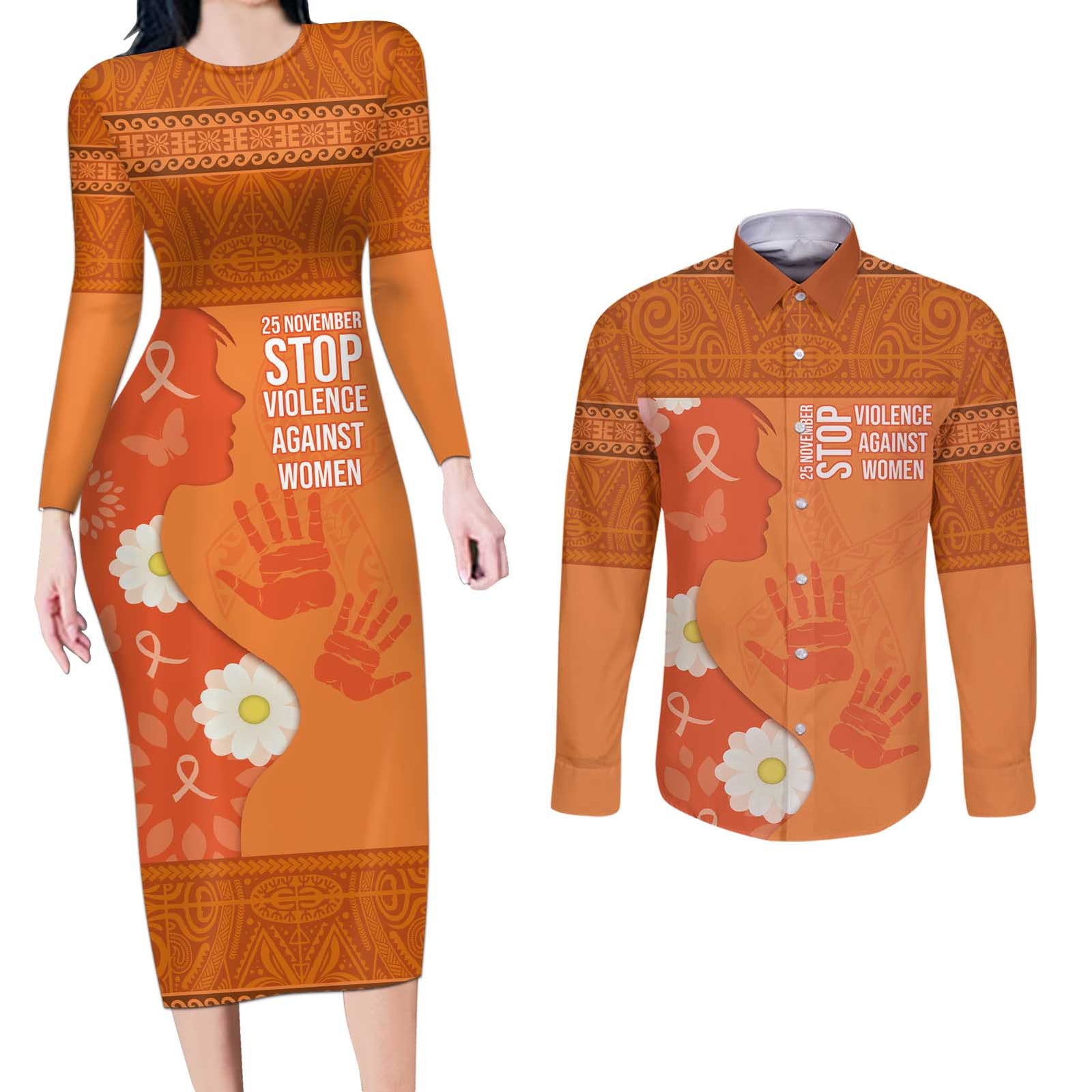 International Day for the Elimination of Violence Against Women Couples Matching Long Sleeve Bodycon Dress and Long Sleeve Button Shirt Polynesian Pattern LT03 Orange - Polynesian Pride
