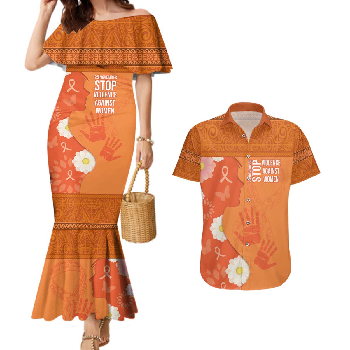 International Day for the Elimination of Violence Against Women Couples Matching Mermaid Dress and Hawaiian Shirt Polynesian Pattern LT03 Orange - Polynesian Pride