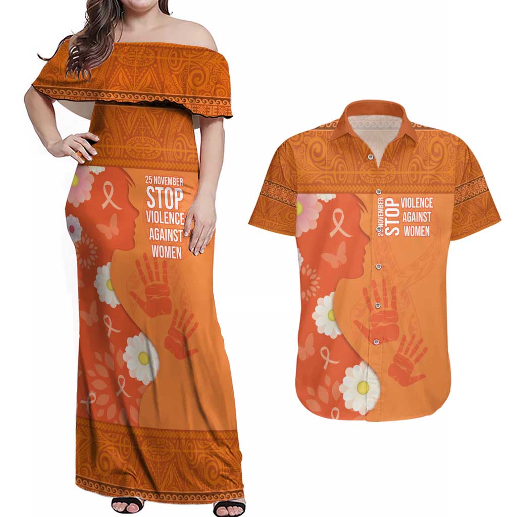 International Day for the Elimination of Violence Against Women Couples Matching Off Shoulder Maxi Dress and Hawaiian Shirt Polynesian Pattern LT03 Orange - Polynesian Pride