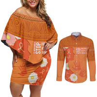 International Day for the Elimination of Violence Against Women Couples Matching Off Shoulder Short Dress and Long Sleeve Button Shirt Polynesian Pattern LT03 Orange - Polynesian Pride