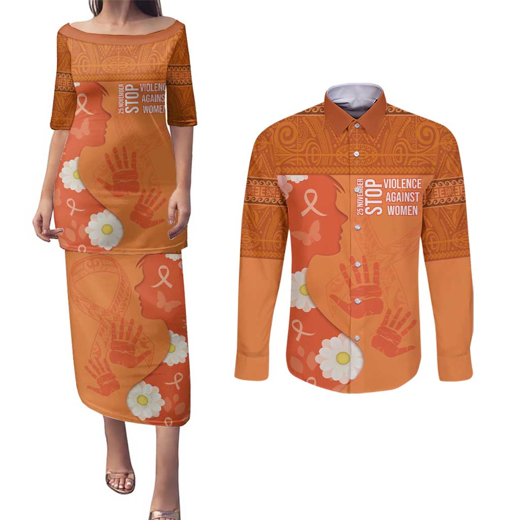 International Day for the Elimination of Violence Against Women Couples Matching Puletasi and Long Sleeve Button Shirt Polynesian Pattern LT03 Orange - Polynesian Pride
