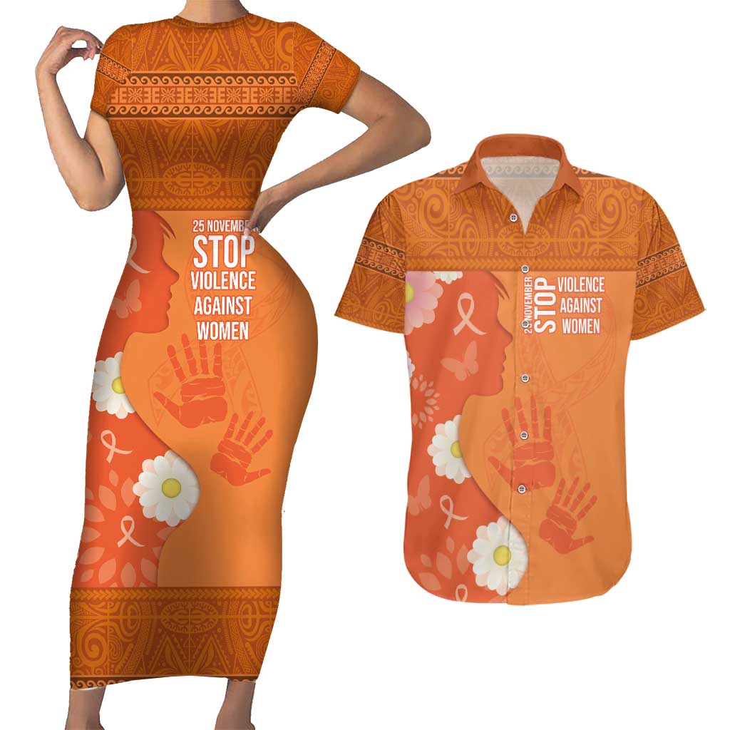International Day for the Elimination of Violence Against Women Couples Matching Short Sleeve Bodycon Dress and Hawaiian Shirt Polynesian Pattern LT03 Orange - Polynesian Pride