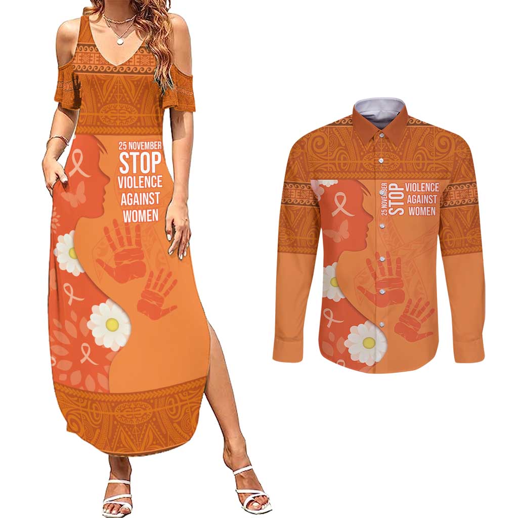 International Day for the Elimination of Violence Against Women Couples Matching Summer Maxi Dress and Long Sleeve Button Shirt Polynesian Pattern LT03 Orange - Polynesian Pride