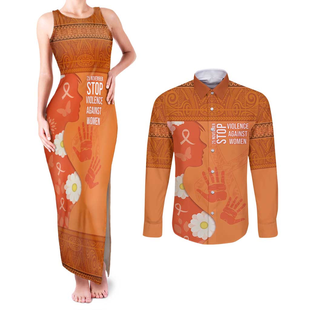 International Day for the Elimination of Violence Against Women Couples Matching Tank Maxi Dress and Long Sleeve Button Shirt Polynesian Pattern LT03 Orange - Polynesian Pride