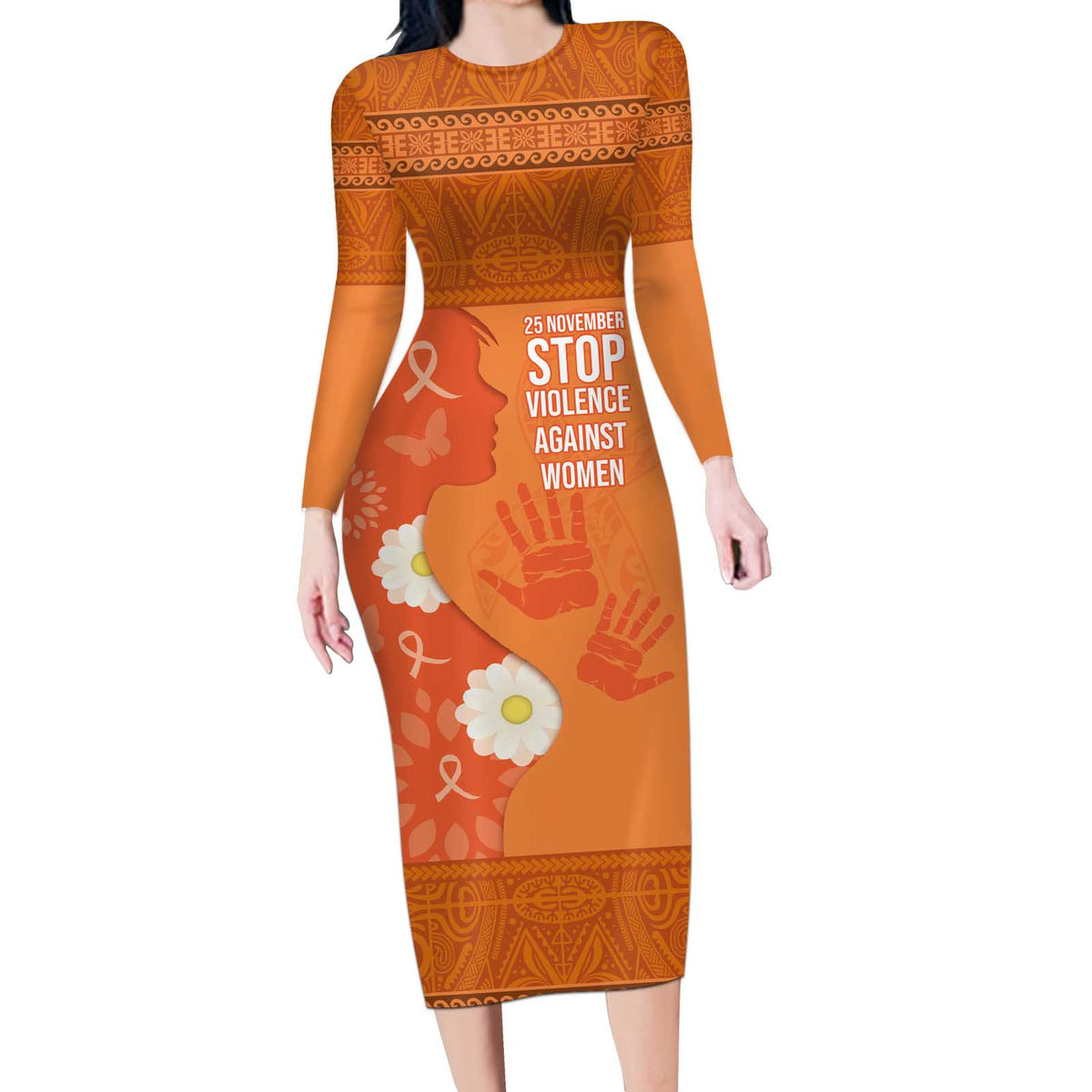 International Day for the Elimination of Violence Against Women Long Sleeve Bodycon Dress Polynesian Pattern LT03 Long Dress Orange - Polynesian Pride