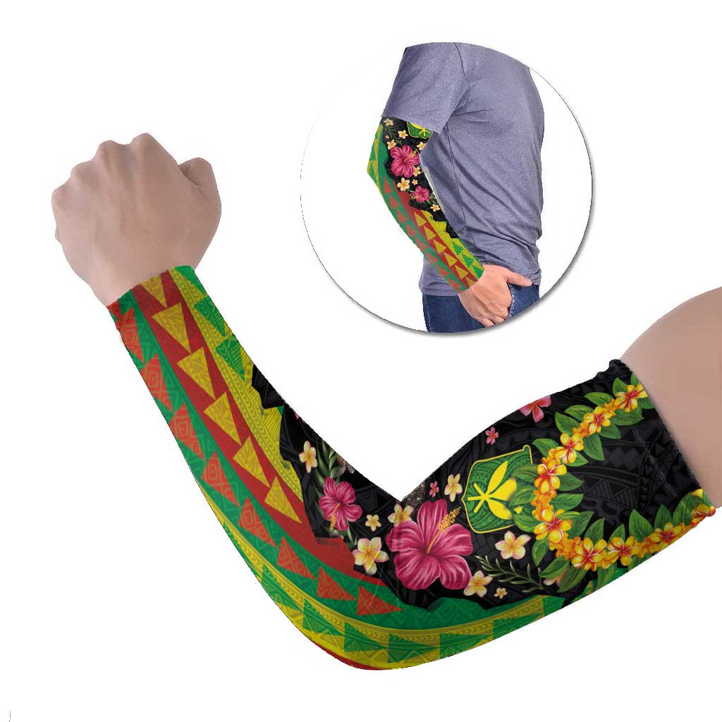 Hawaiian Independence Day Arm Sleeves Kanaka Maoli Symbols With Tapa Motifs and Tropical Plants LT03 Set of 2 Black - Polynesian Pride