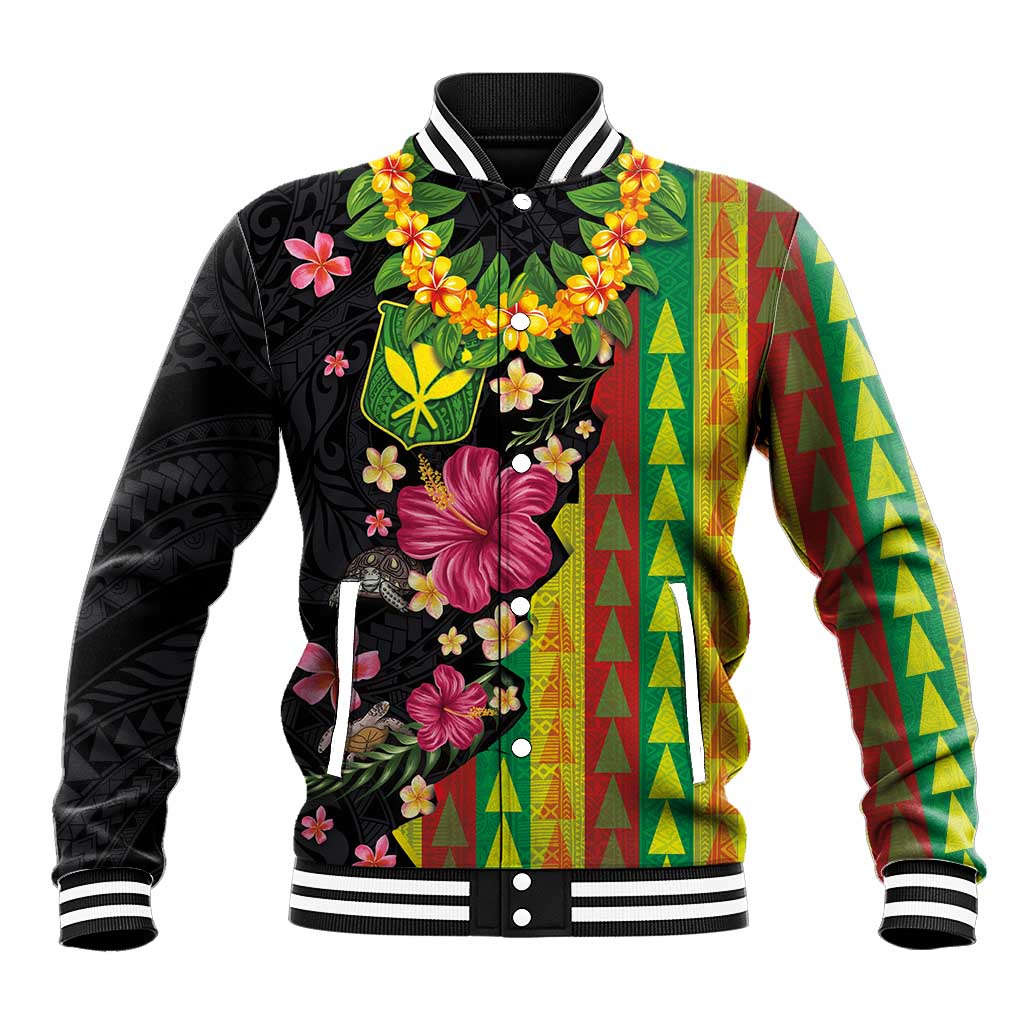 Hawaiian Independence Day Baseball Jacket Kanaka Maoli Symbols With Tapa Motifs and Tropical Plants LT03 Unisex Black - Polynesian Pride