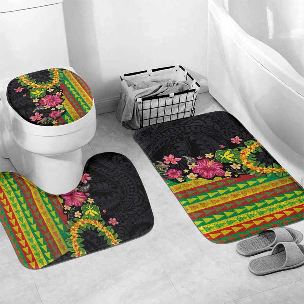 Hawaiian Independence Day Bathroom Set Kanaka Maoli Symbols With Tapa Motifs and Tropical Plants LT03 Mat Set Only (3 pcs) One Size Black - Polynesian Pride