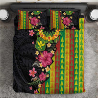 Hawaiian Independence Day Bedding Set Kanaka Maoli Symbols With Tapa Motifs and Tropical Plants LT03 Black - Polynesian Pride