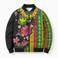 Hawaiian Independence Day Bomber Puffer Jacket Kanaka Maoli Symbols With Tapa Motifs and Tropical Plants LT03 Unisex Black - Polynesian Pride