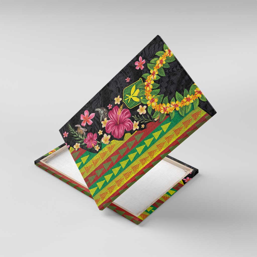 Hawaiian Independence Day Canvas Wall Art Kanaka Maoli Symbols With Tapa Motifs and Tropical Plants LT03 With Frame Black - Polynesian Pride