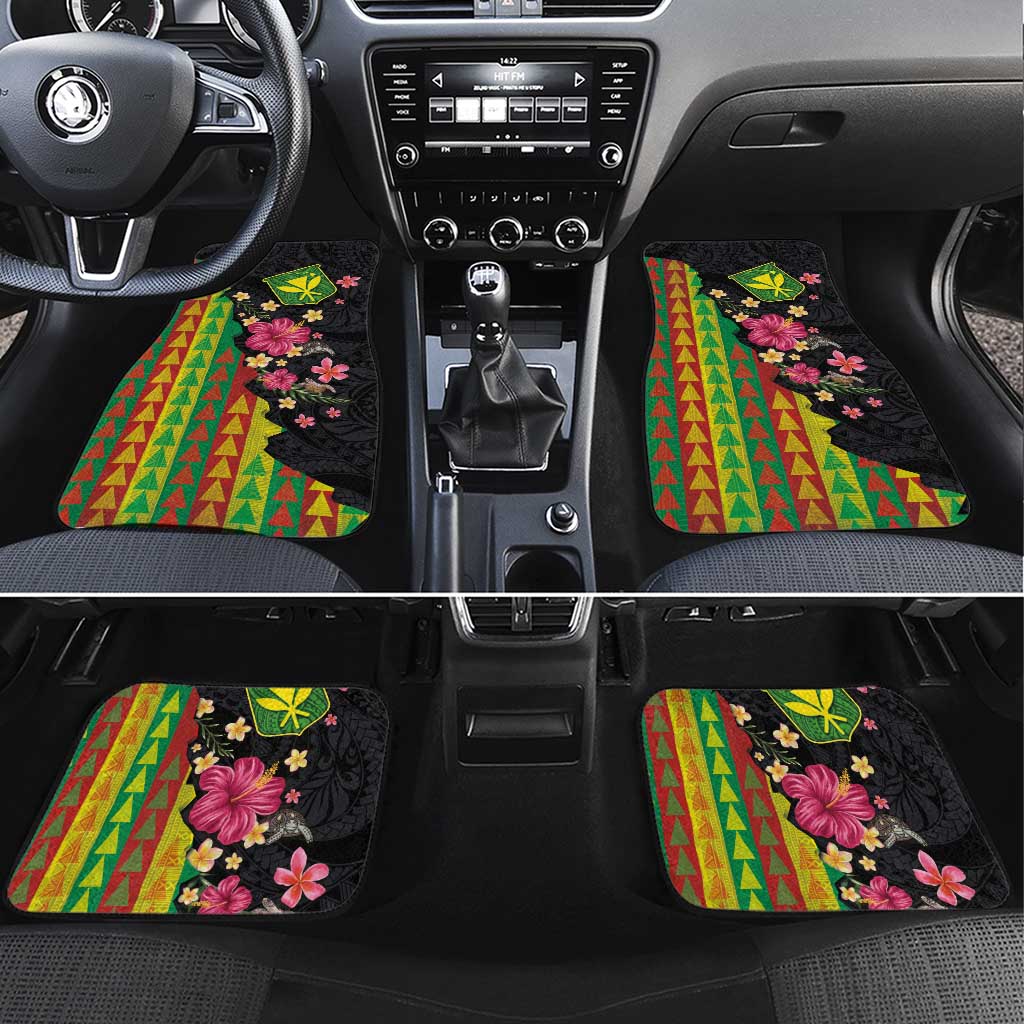 Hawaiian Independence Day Car Mats Kanaka Maoli Symbols With Tapa Motifs and Tropical Plants LT03 Set 4pcs Black - Polynesian Pride