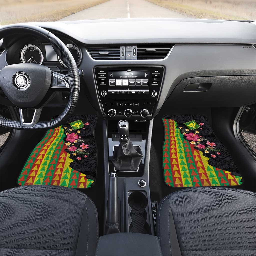Hawaiian Independence Day Car Mats Kanaka Maoli Symbols With Tapa Motifs and Tropical Plants LT03 Set 2pcs - Front Black - Polynesian Pride