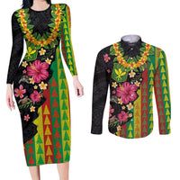 Hawaiian Independence Day Couples Matching Long Sleeve Bodycon Dress and Long Sleeve Button Shirt Kanaka Maoli Symbols With Tapa Motifs and Tropical Plants LT03 Black - Polynesian Pride