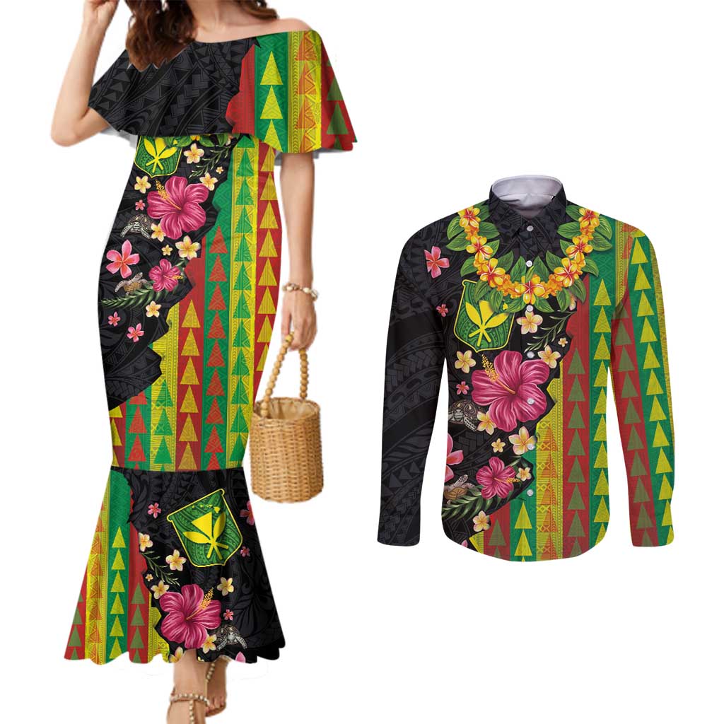 Hawaiian Independence Day Couples Matching Mermaid Dress and Long Sleeve Button Shirt Kanaka Maoli Symbols With Tapa Motifs and Tropical Plants LT03 Black - Polynesian Pride