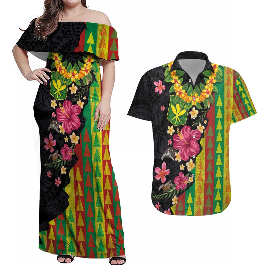 Hawaiian Independence Day Couples Matching Off Shoulder Maxi Dress and Hawaiian Shirt Kanaka Maoli Symbols With Tapa Motifs and Tropical Plants LT03 Black - Polynesian Pride