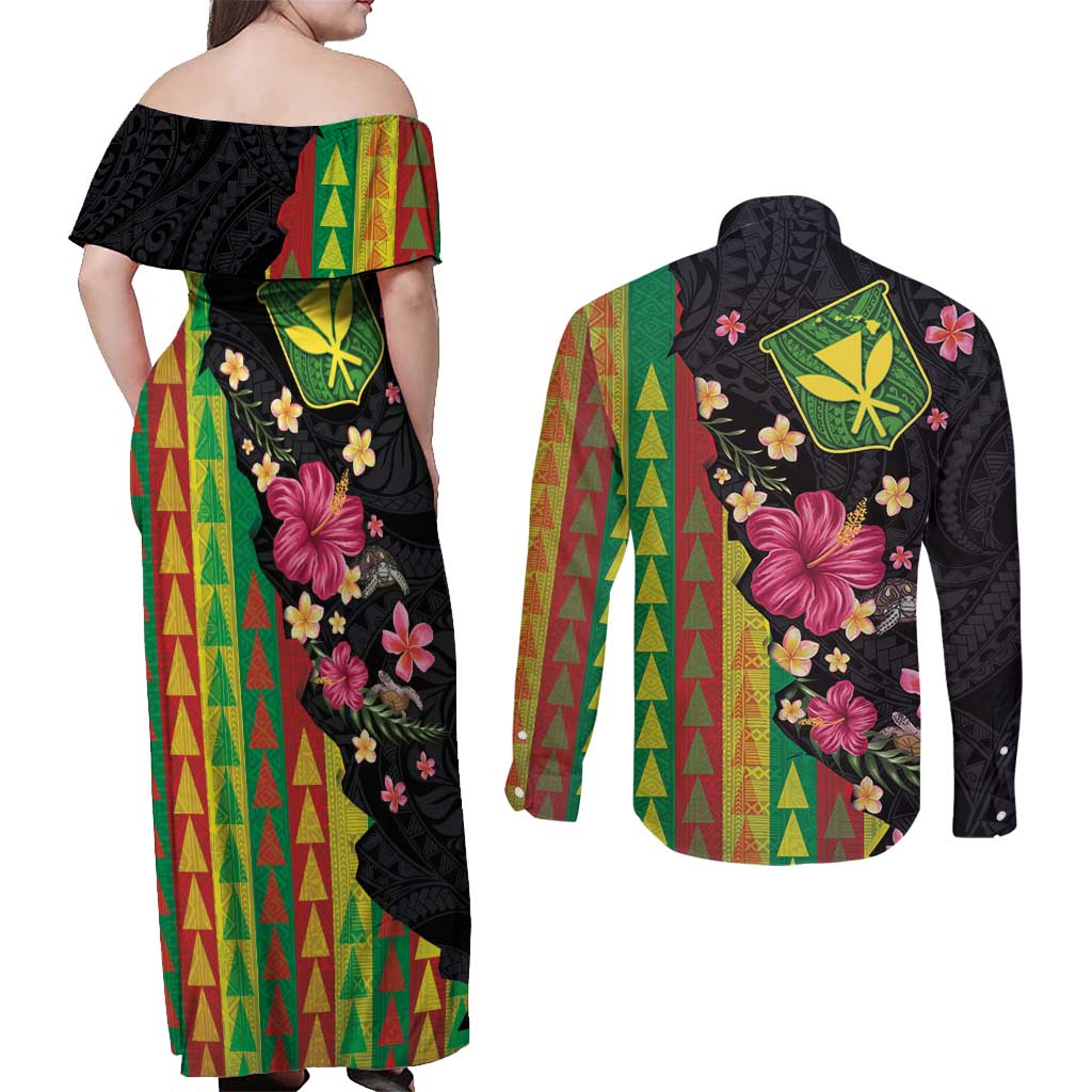 Hawaiian Independence Day Couples Matching Off Shoulder Maxi Dress and Long Sleeve Button Shirt Kanaka Maoli Symbols With Tapa Motifs and Tropical Plants LT03 - Polynesian Pride