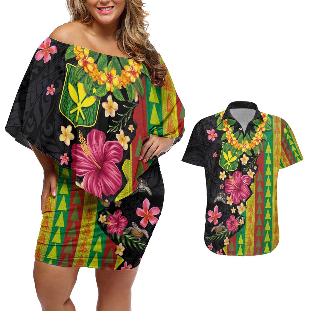 Hawaiian Independence Day Couples Matching Off Shoulder Short Dress and Hawaiian Shirt Kanaka Maoli Symbols With Tapa Motifs and Tropical Plants LT03 Black - Polynesian Pride