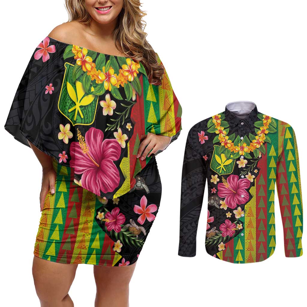 Hawaiian Independence Day Couples Matching Off Shoulder Short Dress and Long Sleeve Button Shirt Kanaka Maoli Symbols With Tapa Motifs and Tropical Plants LT03 Black - Polynesian Pride