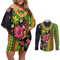 Hawaiian Independence Day Couples Matching Off Shoulder Short Dress and Long Sleeve Button Shirt Kanaka Maoli Symbols With Tapa Motifs and Tropical Plants LT03 Black - Polynesian Pride