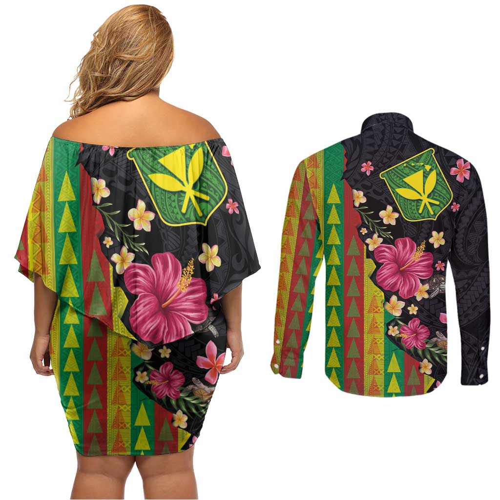Hawaiian Independence Day Couples Matching Off Shoulder Short Dress and Long Sleeve Button Shirt Kanaka Maoli Symbols With Tapa Motifs and Tropical Plants LT03 - Polynesian Pride