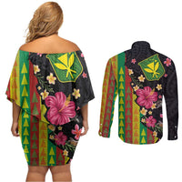 Hawaiian Independence Day Couples Matching Off Shoulder Short Dress and Long Sleeve Button Shirt Kanaka Maoli Symbols With Tapa Motifs and Tropical Plants LT03 - Polynesian Pride