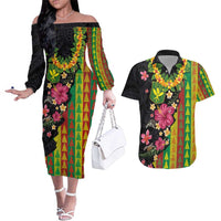 Hawaiian Independence Day Couples Matching Off The Shoulder Long Sleeve Dress and Hawaiian Shirt Kanaka Maoli Symbols With Tapa Motifs and Tropical Plants LT03 Black - Polynesian Pride