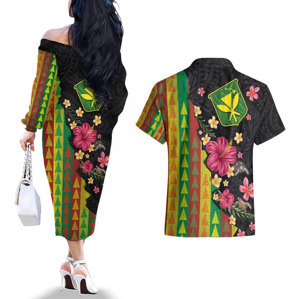Hawaiian Independence Day Couples Matching Off The Shoulder Long Sleeve Dress and Hawaiian Shirt Kanaka Maoli Symbols With Tapa Motifs and Tropical Plants LT03 - Polynesian Pride