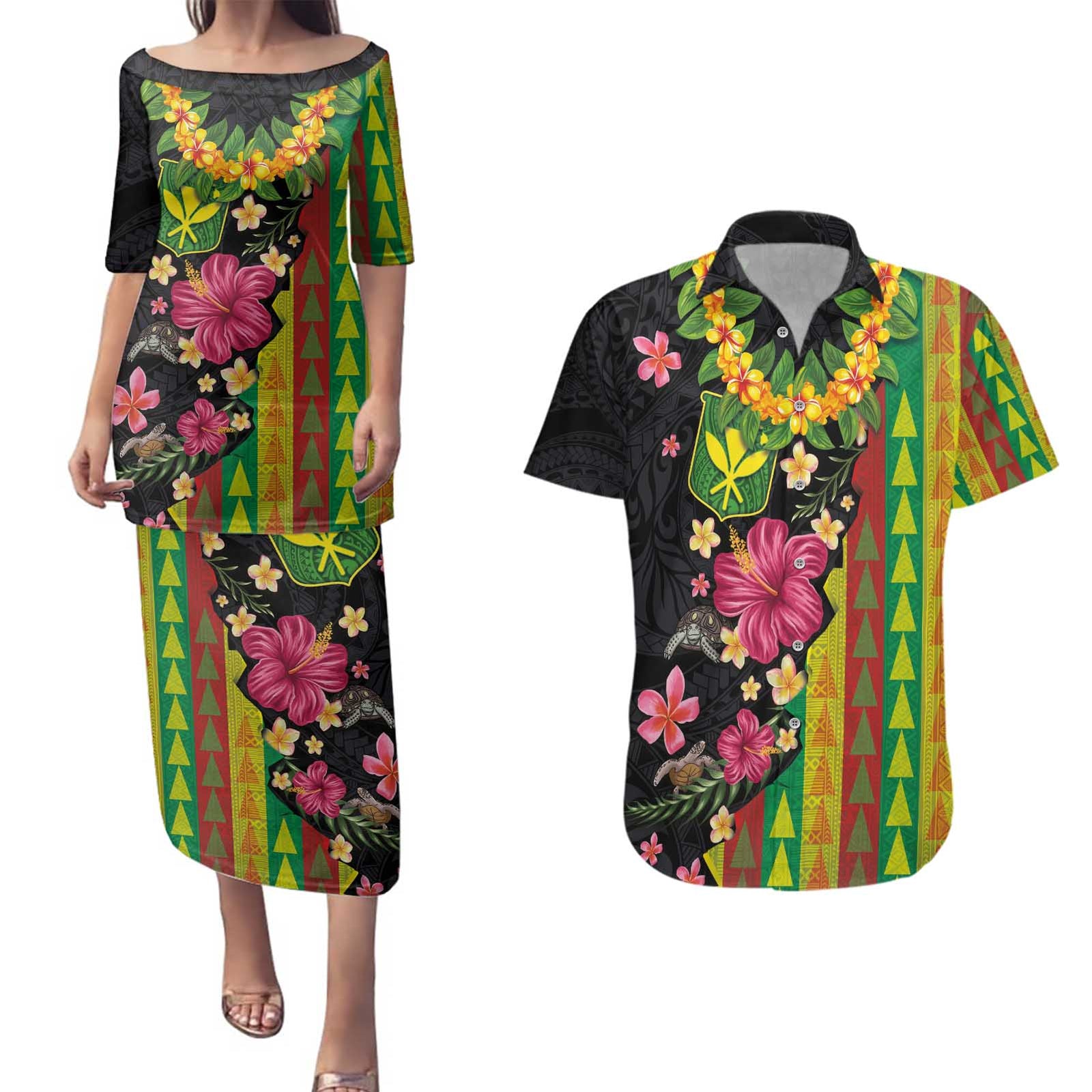 Hawaiian Independence Day Couples Matching Puletasi and Hawaiian Shirt Kanaka Maoli Symbols With Tapa Motifs and Tropical Plants - Polynesian Pride