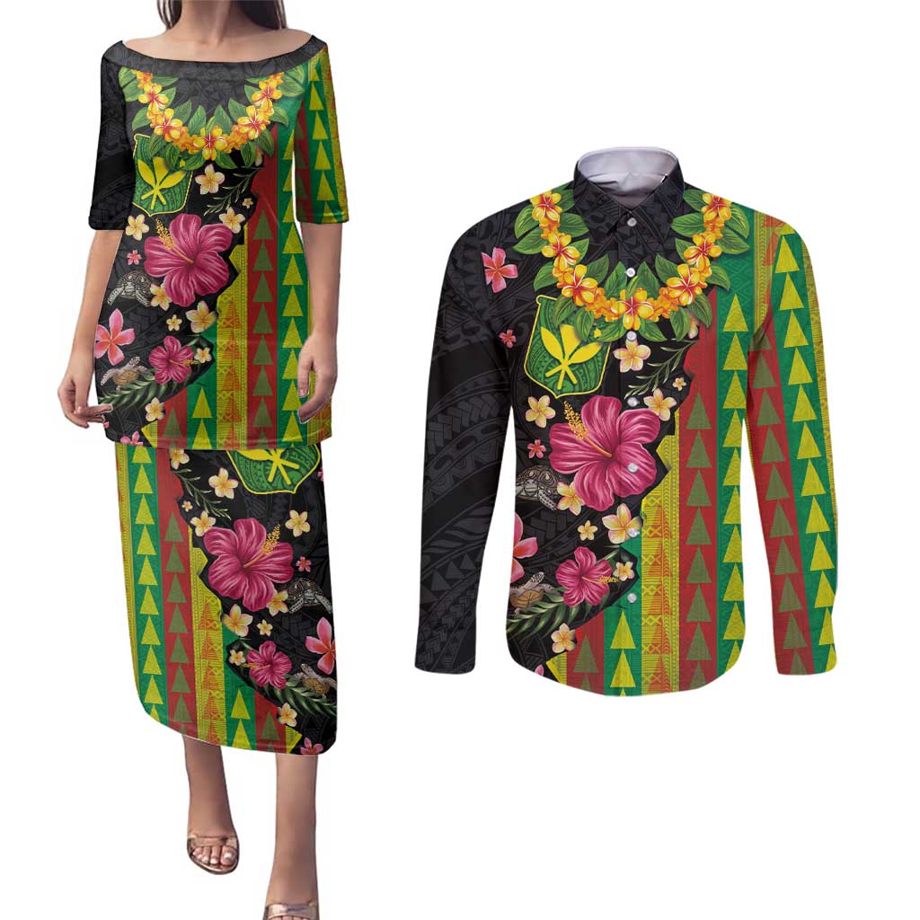 Hawaiian Independence Day Couples Matching Puletasi and Long Sleeve Button Shirt Kanaka Maoli Symbols With Tapa Motifs and Tropical Plants - Polynesian Pride