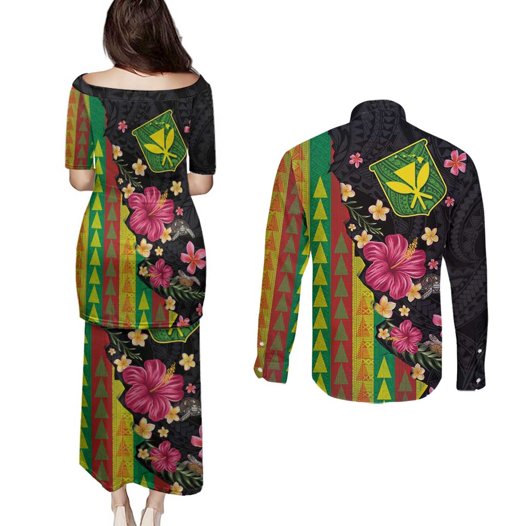 Hawaiian Independence Day Couples Matching Puletasi and Long Sleeve Button Shirt Kanaka Maoli Symbols With Tapa Motifs and Tropical Plants LT03 - Polynesian Pride