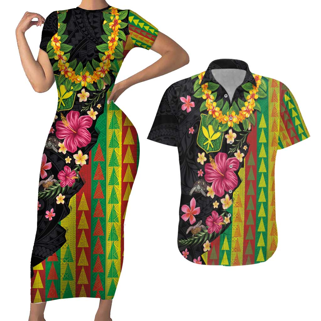 Hawaiian Independence Day Couples Matching Short Sleeve Bodycon Dress and Hawaiian Shirt Kanaka Maoli Symbols With Tapa Motifs and Tropical Plants LT03 Black - Polynesian Pride