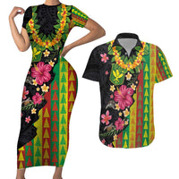 Hawaiian Independence Day Couples Matching Short Sleeve Bodycon Dress and Hawaiian Shirt Kanaka Maoli Symbols With Tapa Motifs and Tropical Plants LT03 Black - Polynesian Pride