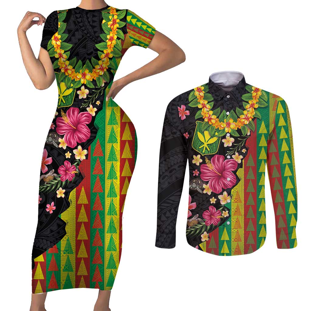 Hawaiian Independence Day Couples Matching Short Sleeve Bodycon Dress and Long Sleeve Button Shirt Kanaka Maoli Symbols With Tapa Motifs and Tropical Plants - Polynesian Pride