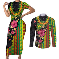 Hawaiian Independence Day Couples Matching Short Sleeve Bodycon Dress and Long Sleeve Button Shirt Kanaka Maoli Symbols With Tapa Motifs and Tropical Plants LT03 Black - Polynesian Pride