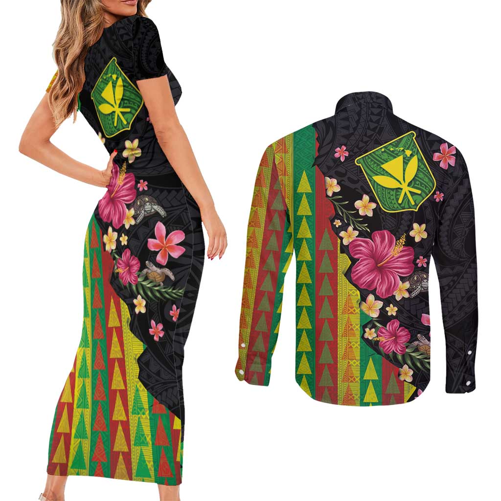 Hawaiian Independence Day Couples Matching Short Sleeve Bodycon Dress and Long Sleeve Button Shirt Kanaka Maoli Symbols With Tapa Motifs and Tropical Plants LT03 - Polynesian Pride