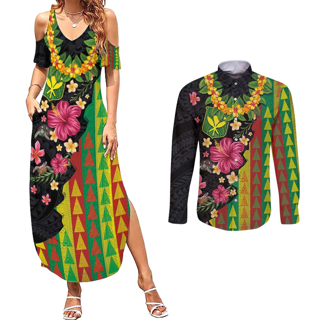 Hawaiian Independence Day Couples Matching Summer Maxi Dress and Long Sleeve Button Shirt Kanaka Maoli Symbols With Tapa Motifs and Tropical Plants - Polynesian Pride