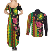 Hawaiian Independence Day Couples Matching Summer Maxi Dress and Long Sleeve Button Shirt Kanaka Maoli Symbols With Tapa Motifs and Tropical Plants LT03 - Polynesian Pride