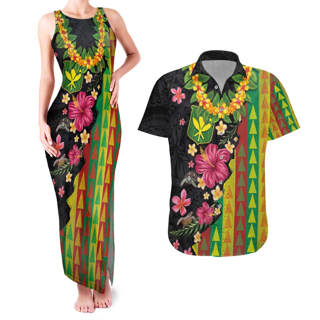 Hawaiian Independence Day Couples Matching Tank Maxi Dress and Hawaiian Shirt Kanaka Maoli Symbols With Tapa Motifs and Tropical Plants LT03 Black - Polynesian Pride