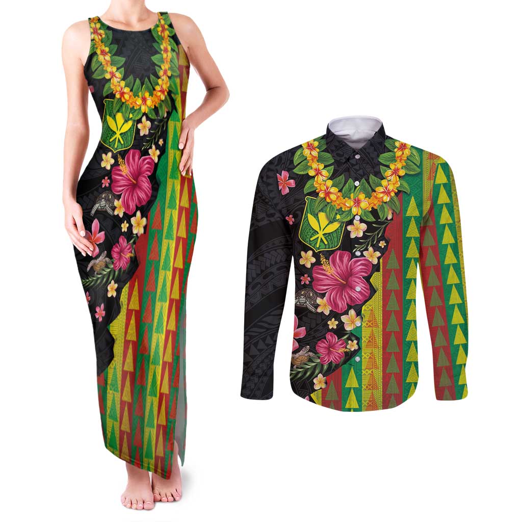 Hawaiian Independence Day Couples Matching Tank Maxi Dress and Long Sleeve Button Shirt Kanaka Maoli Symbols With Tapa Motifs and Tropical Plants LT03 Black - Polynesian Pride