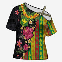 Hawaiian Independence Day Cross Shoulder Shirt Kanaka Maoli Symbols With Tapa Motifs and Tropical Plants LT03 Female Black - Polynesian Pride