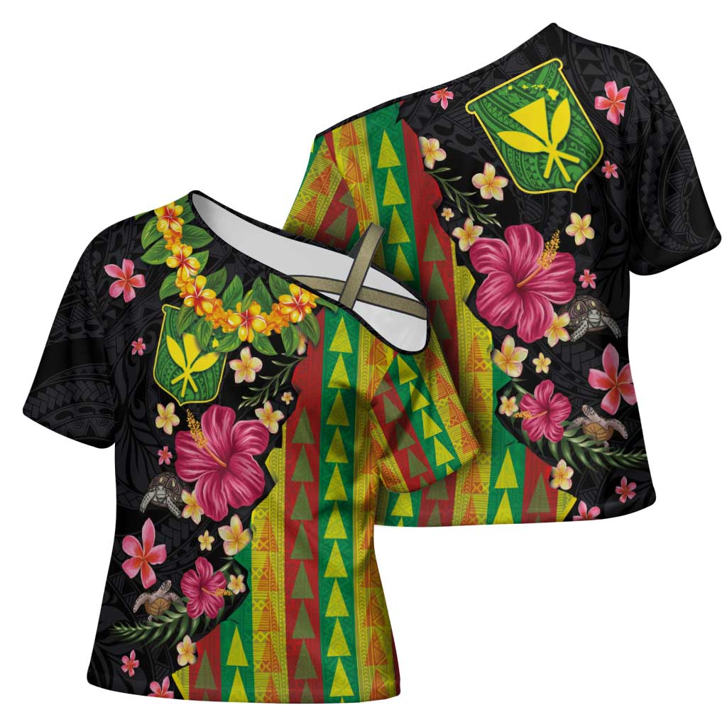 Hawaiian Independence Day Cross Shoulder Shirt Kanaka Maoli Symbols With Tapa Motifs and Tropical Plants LT03 - Polynesian Pride