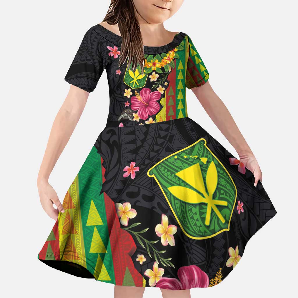 Hawaiian Independence Day Family Matching Long Sleeve Bodycon Dress and Hawaiian Shirt Kanaka Maoli Symbols With Tapa Motifs and Tropical Plants LT03 Daughter's Dress Black - Polynesian Pride