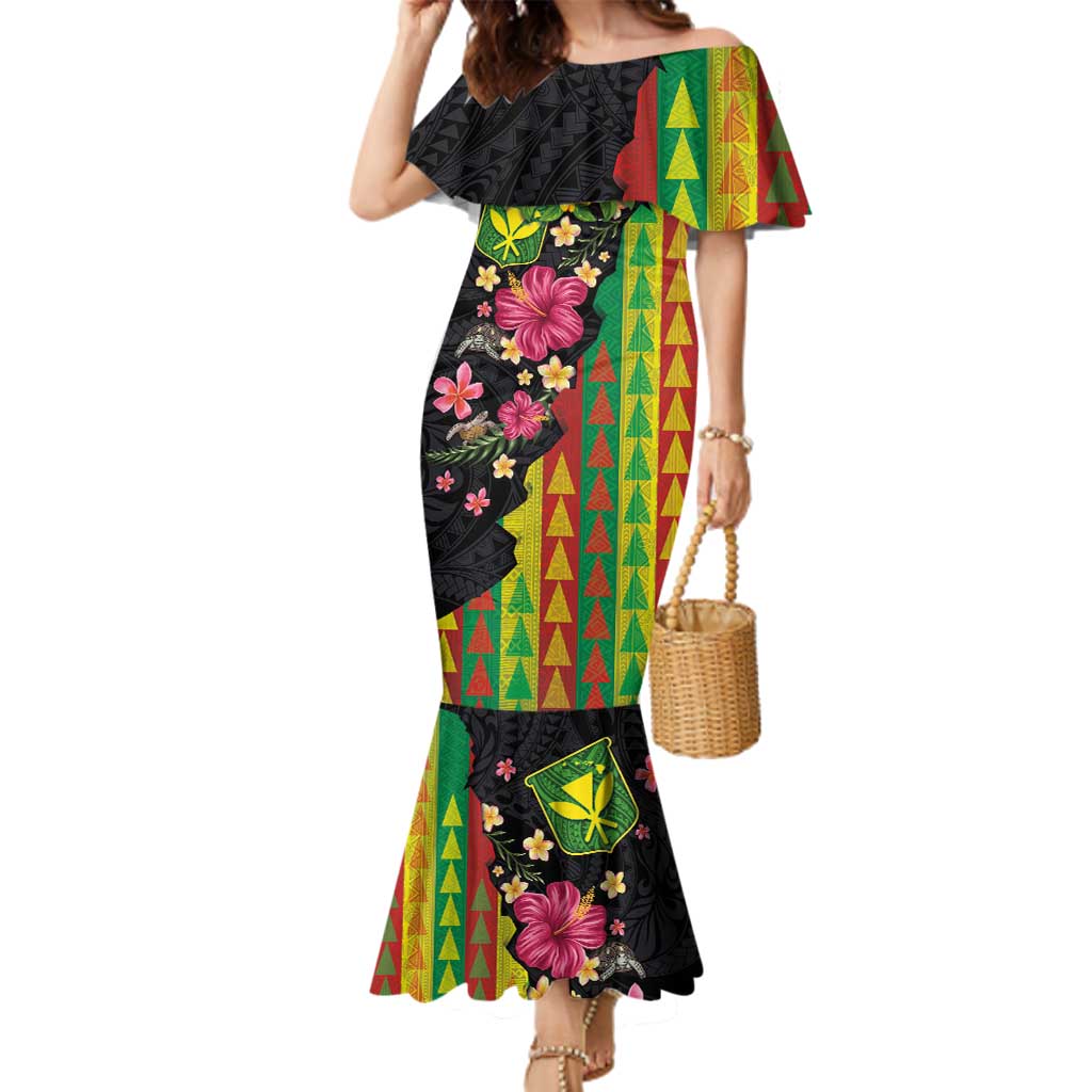 Hawaiian Independence Day Family Matching Mermaid Dress and Hawaiian Shirt Kanaka Maoli Symbols With Tapa Motifs and Tropical Plants LT03 Mom's Dress Black - Polynesian Pride